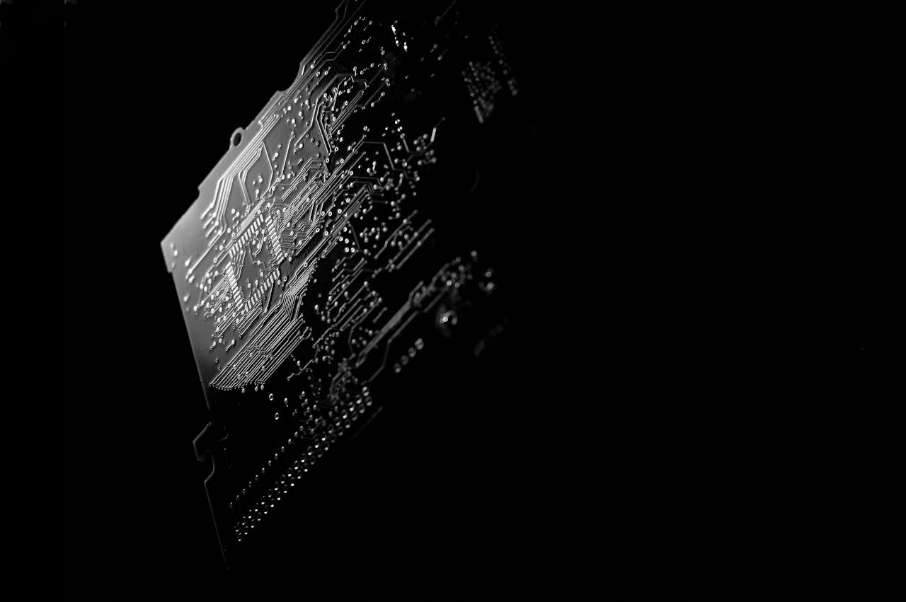 Stunning monochrome close-up of a PCB circuit board highlighting intricate details.